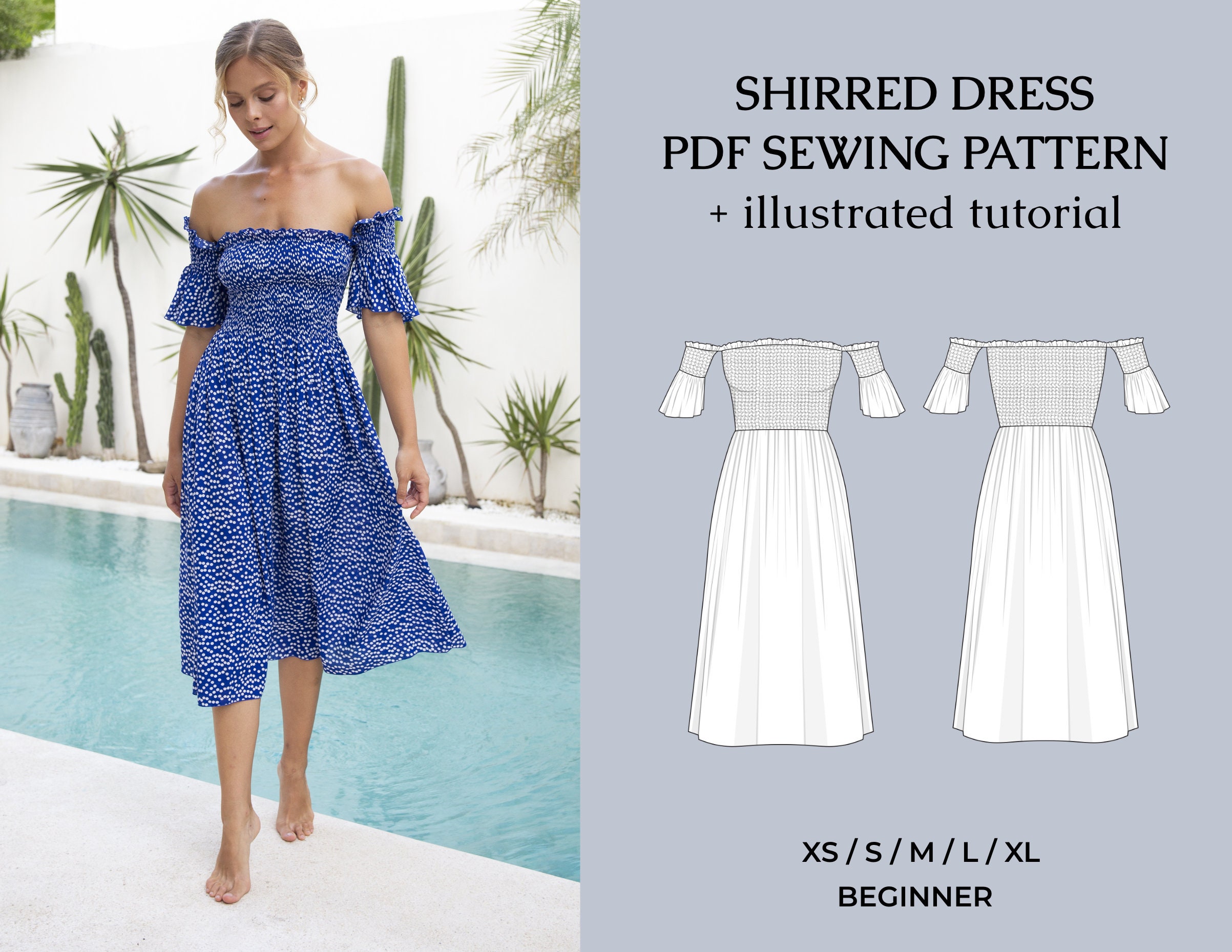 Shirred Dress PDF Sewing Pattern / Midi Strapless Dress /   Etsy