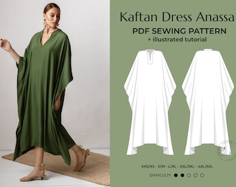 Kaftan naaipatroon PDF, zomerkaftan DIY-tutorial, plus size jurk E-patroon voor bruiloftsgast maten XXS-5XL