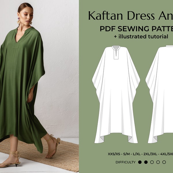 Caftan Sewing Pattern PDF, Summer Kaftan DIY Tutorial, Plus Size Dress E-Pattern For Wedding Guest Sizes XXS-5XL