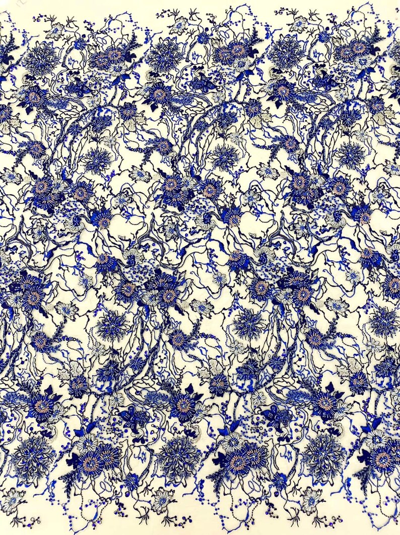 New (Mixed Royal Blue) beverly Exquisite Heavy Beaded Lace / shops Price Per Meter