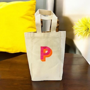 Custom Embroidered Wine Tote Bag – Fits 2 or 1 Wine Bottles – Block letter – monogrammed wine tote bag