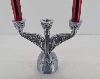 Gothic Candelabra, Triple Taper Holder, Silk Silver PLA, Cathedral Arch Decor