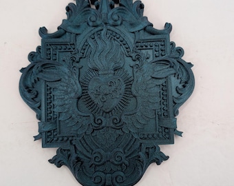 Gothic Flaming Heart Wall Art, Winged Sacred Heart Plaque, Baroque Votive Decor