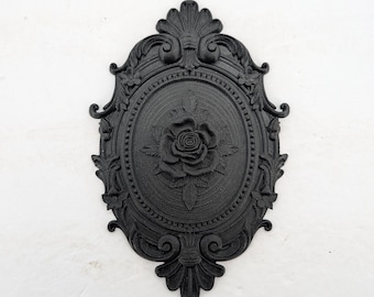 Gothic Rose Cameo Frame | Victorian Haunted Mansion Plaque, Black Glitter PLA Wall Decor