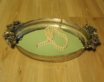 Vintage Silver Plated Vanity Mirror Oval With Rose Handles