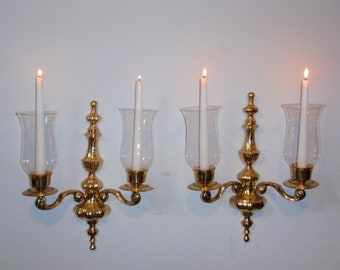 Vintage Pair Polished Brass Double Arm Candle Wall Sconces 15" Tall X 11" Wide with Glass Globes