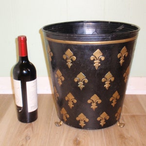 Vintage Large Footed Metal Waste Basket with Fleur de LIS Design 13" Tall