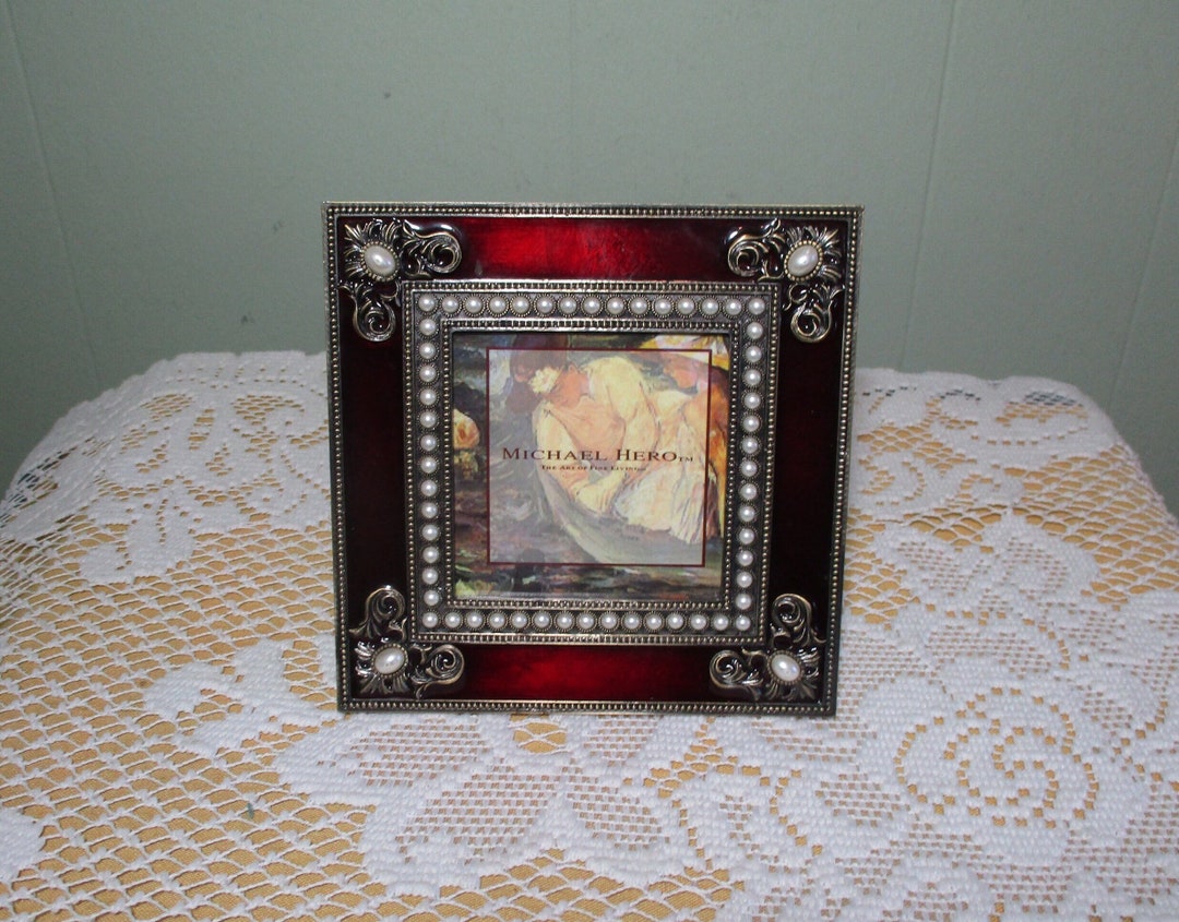 Michael Hero Picture Frame Enameled Brass Red With Faux Pearls 4.75 X 4.75 Square Etsy