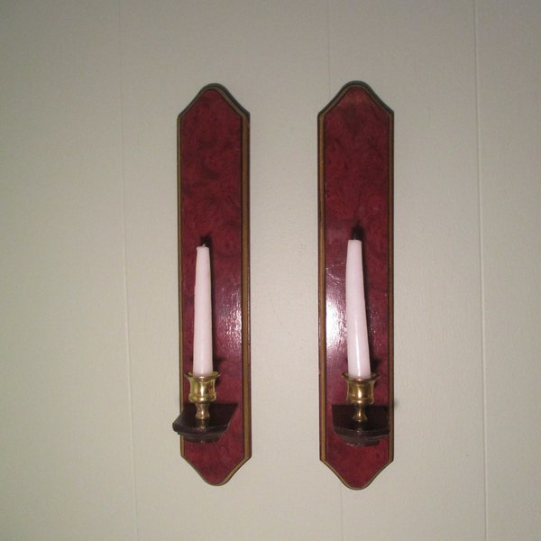 Vintage Pair Wood & Brass Candle Wall Sconces 17" Tall X 3" Wide Gold Accents