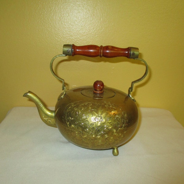Vintage Etched Brass Tea Pot with Wooden Handle and three feet Made in INDIA