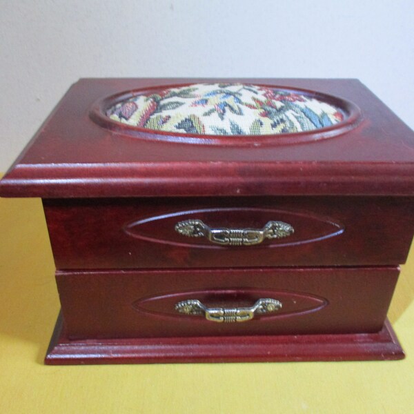 Vintage Wooden Jewelry Box With Padded Tapestry Fabric Lid Very Nice