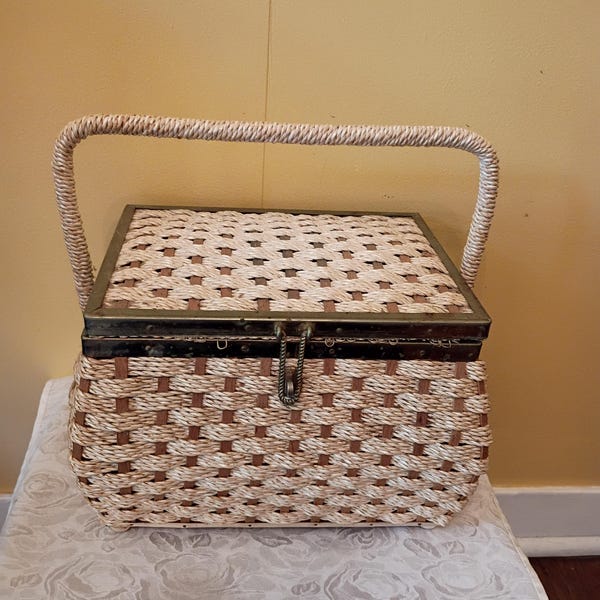 Vintage Pennys Wicker Sewing Basket Weaved with Metal Trim. Made in Japan.