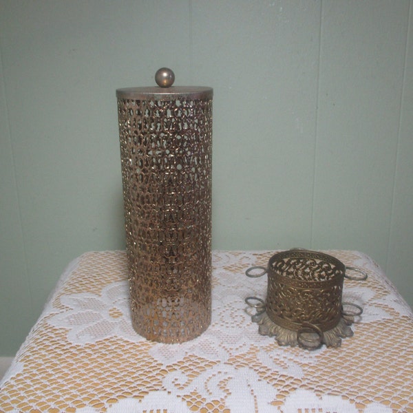 Vintage Filigree Gold Metal Spray Can Cover and Lipstick Holder