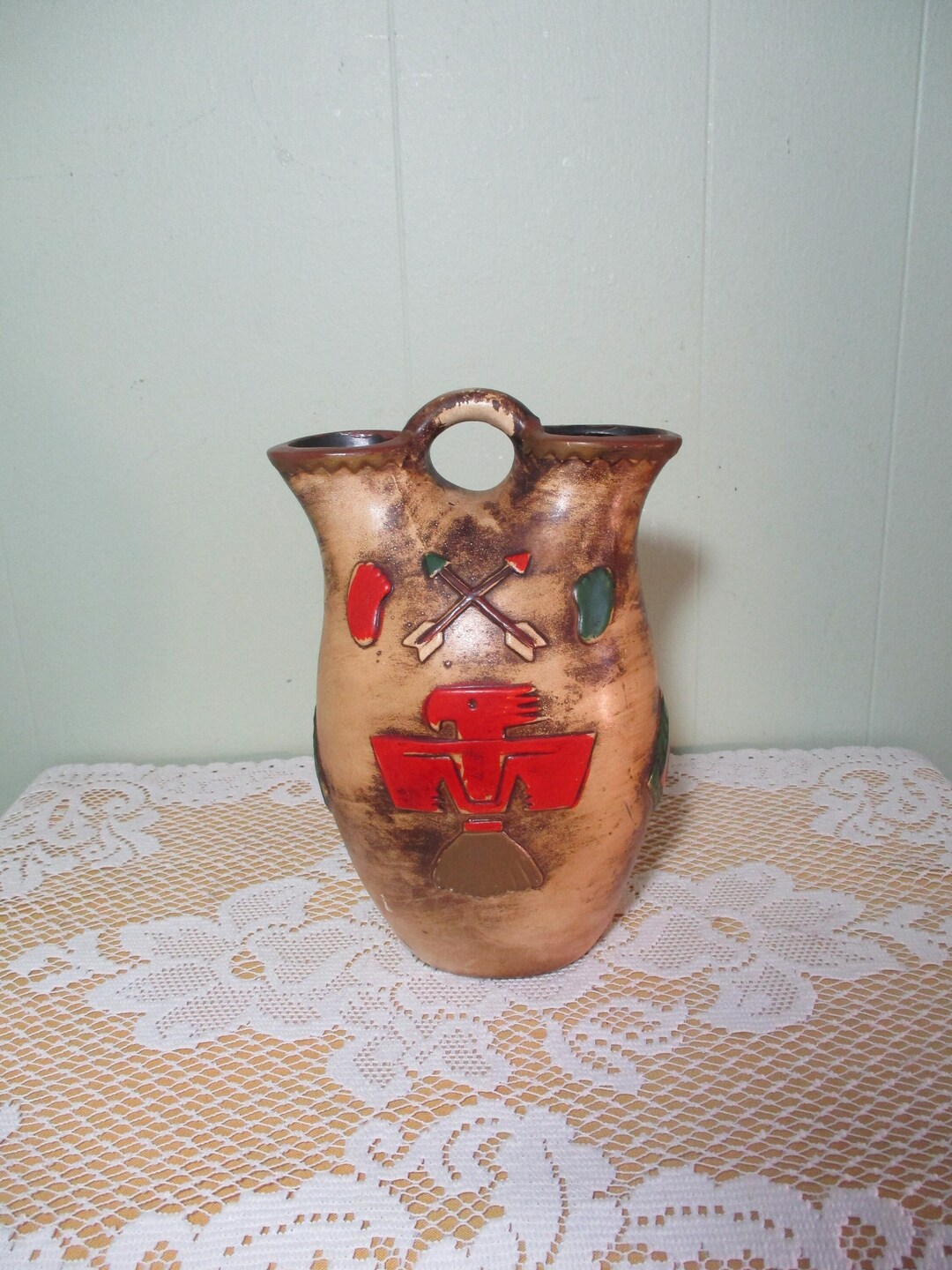 Vintage Native American Marriage Vase Hand Painted Pottery 9.5 Tall