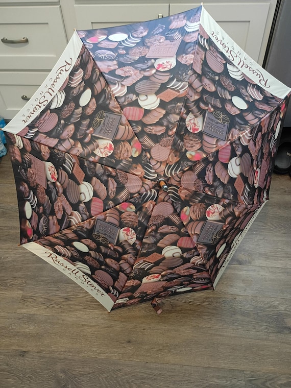Vintage Russell Stover Chocolate Print Umbrella with Wooden Handle