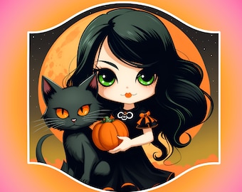Vintage Witch and Black Cat Sticker, Halloween Decal