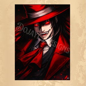 May include: Digital art print of a character with long black hair, red eyes, and sharp teeth. The character wears a red hat, coat, and tie over a white collared shirt and black vest. The print has the text "DoJay Designs".