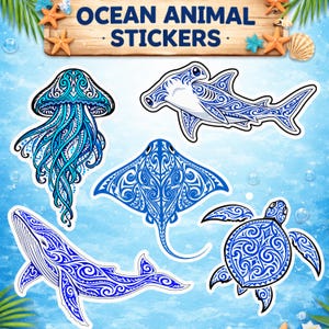 Ocean Creatures Sticker Pack, Whale, Turtle, Jellyfish, Sting Ray, Hammerhead . (Vinyl Decals)