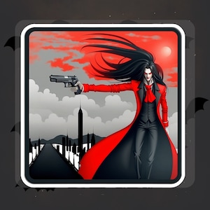 May include: Illustration of a figure in a red coat, black suit, and long black hair, holding a gun. The background features a cityscape under a red sky with a full moon. The image has a comic book style.