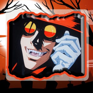 May include: A digital illustration of a vampire with red eyes, wearing a red cape and sunglasses. The vampire has a sinister smile and sharp teeth.