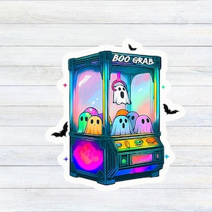Ghost Die-Cut Sticker - Kawaii Vintage Claw Machine with Ghost&#39;s- Retro Arcade Vibes, Cute & Spooky Decor for All!