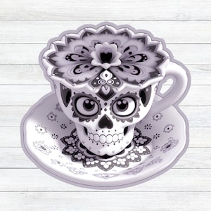 Black and White Sugar Skull Teacup Sticker- Day of the Dead Inspired- Sugar skull| Teacup| Black and white| Day of the Dead| Mexican culture