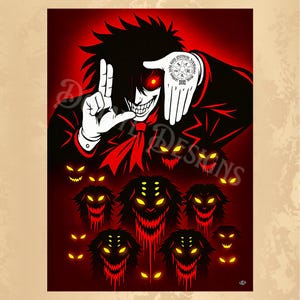 May include: A digital art print featuring a character with black hair, a red tie, and a black suit. The character has a sinister grin and a glowing red eye. The background is a gradient of red, with several demonic faces.