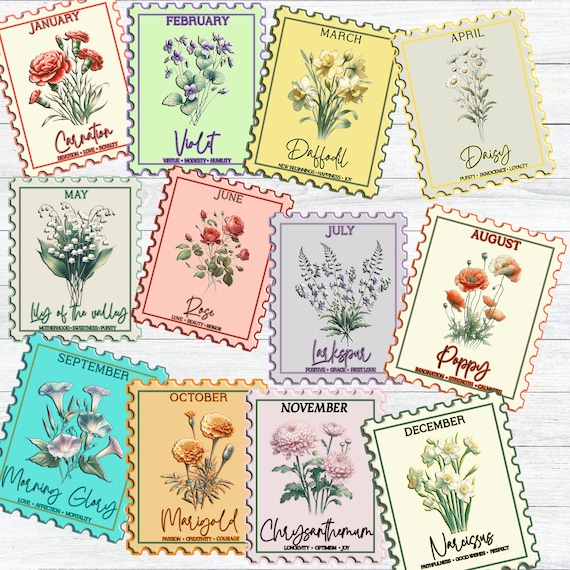 Romantic Birth Month Flower Sticker - Postage Stamp Design, Floral Symbolism- Perfect for Journal, Laptop, Phone case and more!