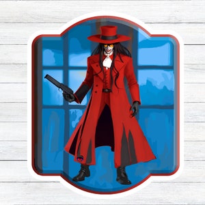May include: A sticker featuring a character in a long red coat, black gloves, and a top hat, holding a gun. The character has long black hair and yellow eyes. The background is a blue window.