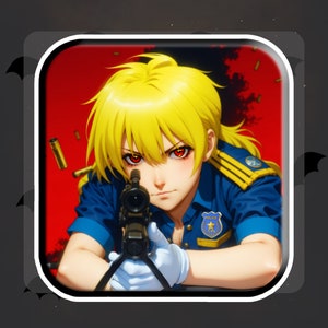May include: A blonde-haired woman in a blue police uniform with a badge that says "Police" and a star. She is holding a black rifle with a scope and is aiming it at the viewer. The background is red with bullet casings scattered around.