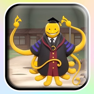 May include: A yellow cartoon character with a smiling face, wearing a black graduation gown and cap. The character has multiple tentacles and is set against a blurred outdoor background. The image is framed with a rounded, colorful border.
