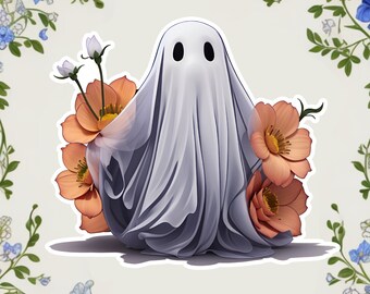Cute Ghost Floral Die Cut Sticker | Cottagecore Ghost Sticker | Spooky Cute Vinyl Decal | Floral Ghost Aesthetic