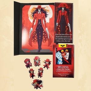 May include: A Hellsing Collection set featuring a red-clad character with a wide-brimmed hat, holding two pistols. The set includes a magnetic bookmark and several character stickers. The text "HELLSING COLLECTION" is visible.