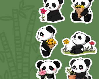 May include: A collection of cartoon panda stickers in various poses. Some pandas hold flowers, while others sit near flowers or a potted plant. The pandas are black and white with pink cheeks, set against a green background with bamboo.