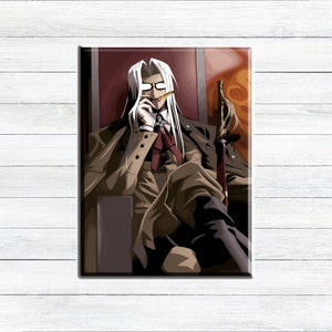May include: A digital illustration of a man with long white hair wearing a brown suit, glasses, and a red tie. He is holding a cigarette in his right hand and a sword in his left hand. He is sitting in a chair with a red and orange background.