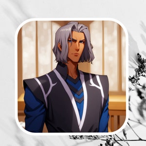 May include: A man with silver hair and a serious expression is wearing a black and blue jacket with white accents. He is standing in front of a window.