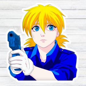 May include: A blonde-haired anime character wearing a blue uniform holds a blue handgun with a serious expression.