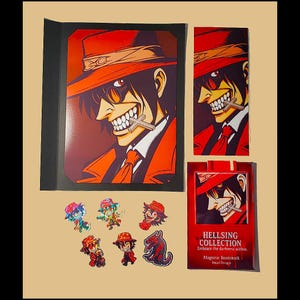 May include: A collection of Hellsing anime merchandise featuring a character in a red hat and coat. Includes a large print, a bookmark, and several small stickers. The bookmark reads "Hellsing Collection, Embrace the darkness within."