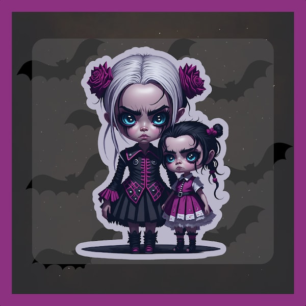 Creepy Demon Sisters Sticker: Sinister and Creepy-Cute Die-Cut Design - Sinister| Evil| Sticker| Die-Cut| Dark, Spooky| Chilling| Eerie