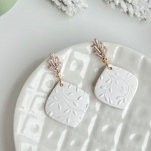 White Handmade Polymer Clay Earrings Lightweight jewelry, Holiday earrings, zirconia earrings
