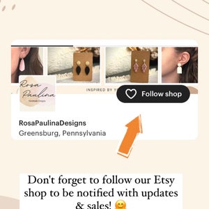 May include: A collage of images showcasing handmade polymer clay earrings in various styles and colors. The earrings are displayed on a neutral background. The text "Rosa Paulina Designs" and "Greensburg, Pennsylvania" are visible below the images. The text "Follow shop" is displayed on a pink heart button.