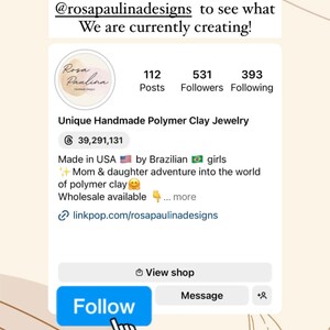 May include: Instagram profile for Rosa Paulina Designs, a shop that makes unique handmade polymer clay jewelry. The profile has 112 posts, 531 followers, and 393 people following. The shop is run by a mother and daughter in the USA. The text says "Made in USA by Brazilian girls + Mom & daughter adventure into the world of polymer clay. Wholesale available... more linkpop.com/rosapaulinadesigns"