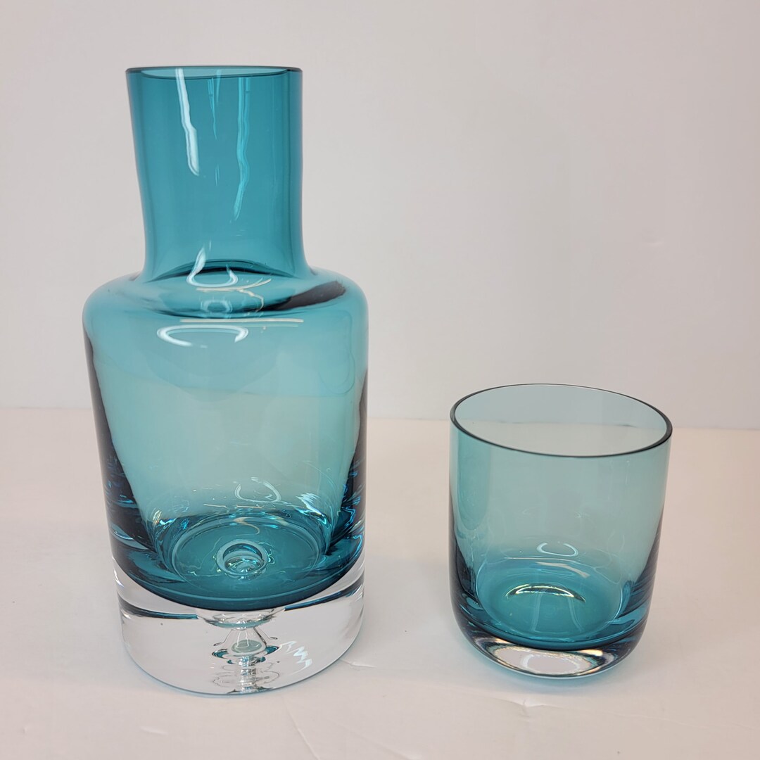 Vintage Krosno Glass Bedside Carafe Decanter & Glass Aqua Blue Made in