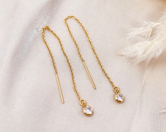 Gold Filled Threader Earrings • Round Bezel CZ Dangle Earrings • Threader Chain Earrings • Dainty Gold Earrings • Minimalist Earrings