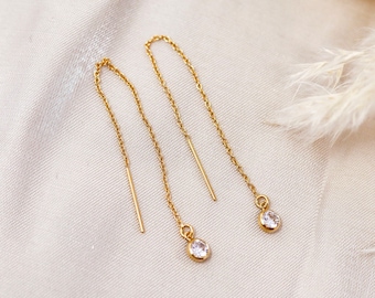 Gold Filled Threader Earrings • Round Bezel CZ Dangle Earrings • Threader Chain Earrings • Dainty Gold Earrings • Minimalist Earrings