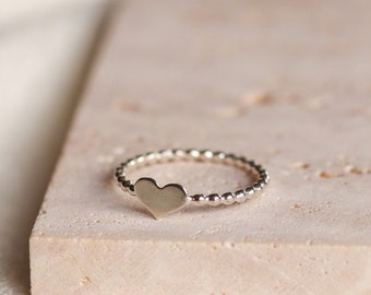 Sterling Silver Heart Ring • Tiny Heart Ring • Silver Bead Band • Heart Initial Ring • Dainty Silver Rings • Letter Ring • Personalized Ring