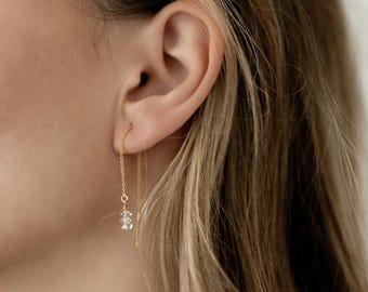 Herkimer Diamond Threader Earrings: 14K Gold Filled Dainty Jewelry