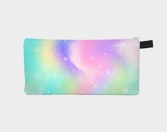 May include: A pastel rainbow galaxy print pencil case with a zipper closure and a black pull tab.