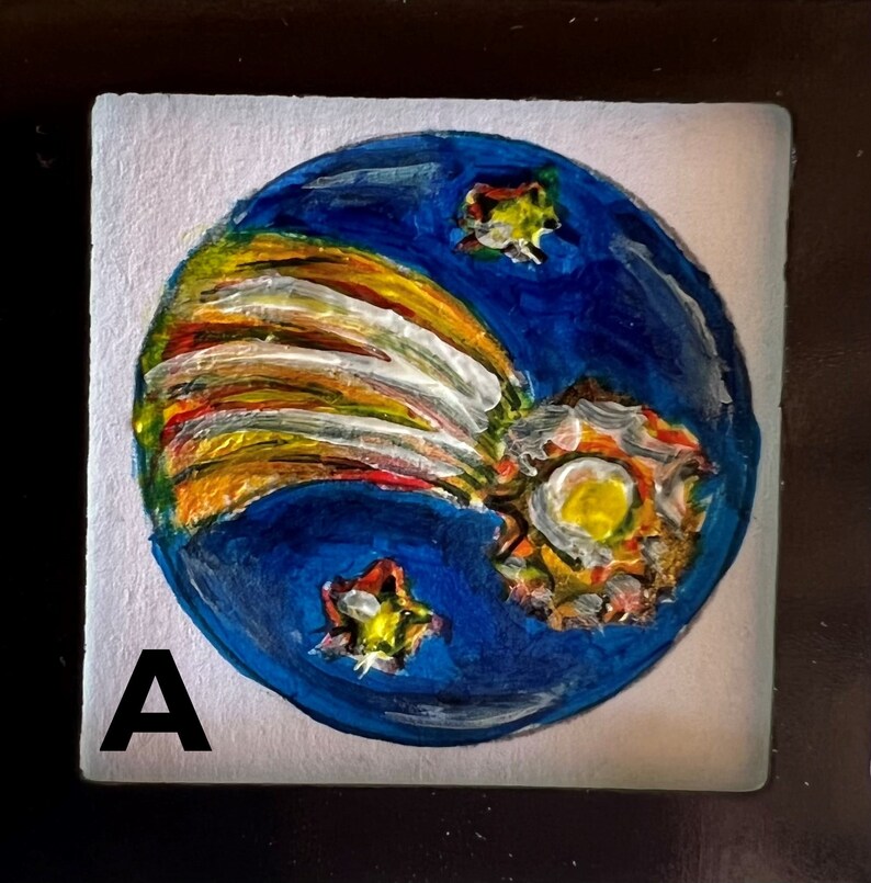 May include: A painting of a comet with a bright yellow tail streaking across a blue sky with white and yellow stars. The painting is on a white background with the letter "A" in the lower left corner.