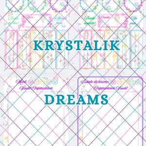 Puede incluir: Un conjunto de cuatro tarjetas decorativas con patrones florales y las palabras "KRYSTALIK" y "DREAMS". Cada tarjeta presenta un diseño de cuadrícula y texto en inglés y español, con iconos relacionados con el estado de ánimo.